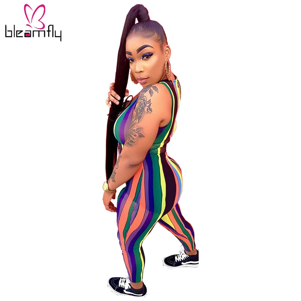 Женский Летний комбинезон в радужную полоску со шнуровкой и v образным вырезом