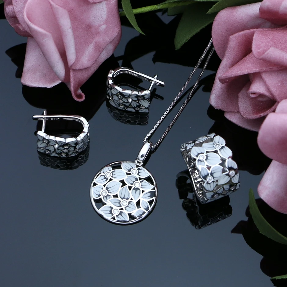 LMFALECA изысканные серебряные Ювелирные наборы белый и цветок из черной эмали