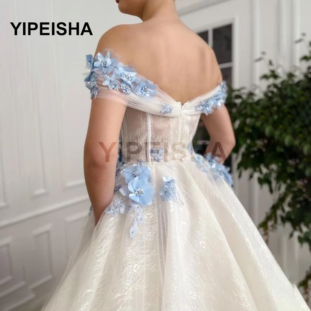

Graceful Embroidered Blue 3D Flowers Evening Dress Off-Shoulder Sleeves Prom Gown A-Line Sweep Train robe de soire de mariage