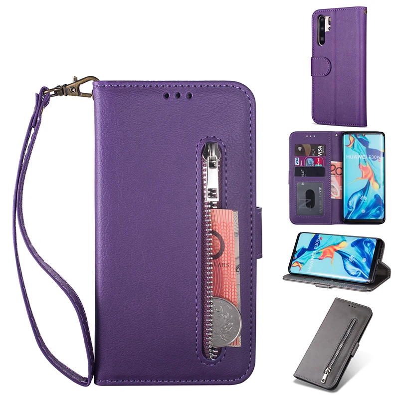 Purple Для huawei P20 Lite P30 Pro Mate10 20 Lite P Smart Y6 Y7 кожаный чехол-кошелек на молнии с откидной крышкой и подставкой для карт чехол для телефона - Цвет: Purple