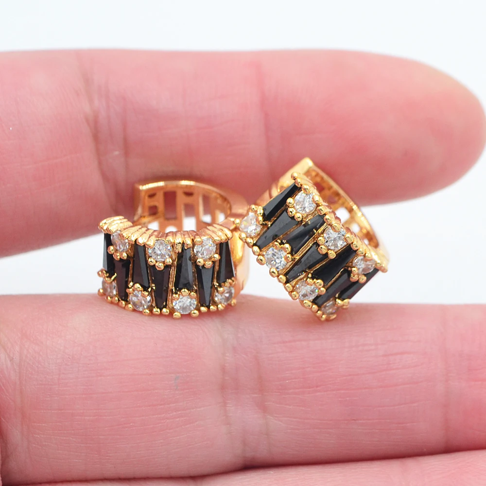 

Gold Color Women Fashion Luxury Black Cubic Zirconia CZ Hoop Huggie Earrings