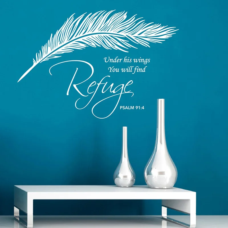 

Christian Wall Decal - Under His Wings You Will Find Refuge - Psalm 914 Feather Wall Sticker living room decoration E540