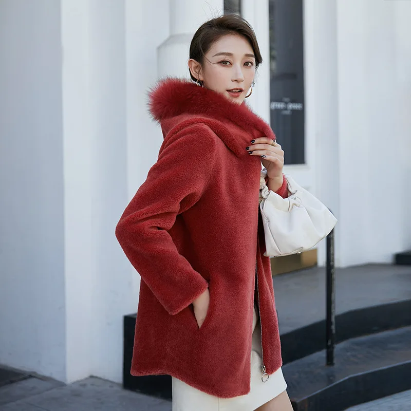 Real Fur Fox Collar Hood Sheep Sheared Mid Length Women Coat Wool Grain Outwear Autumn and Winter Elegant Warm Red Jacket