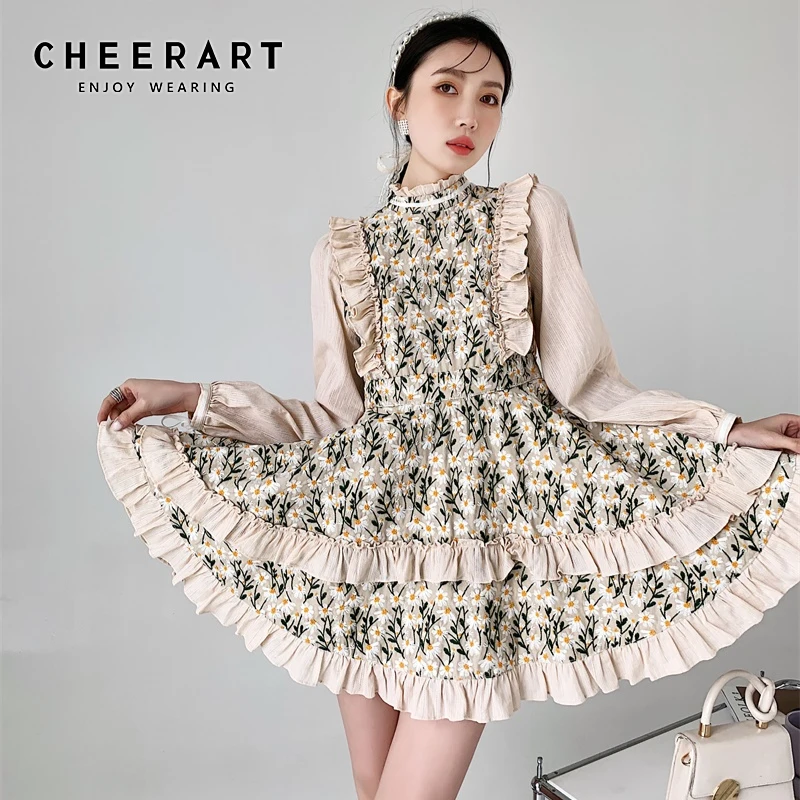 

CHEERART Daisy Embroidered Lolita Open Back Dress Ruffle A Line Floral Mini Long Sleeve Dress Korean Fashion Kawaii Outfit 2021