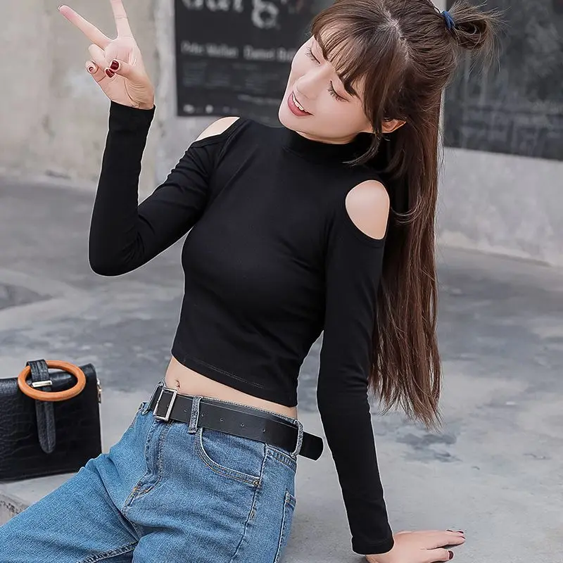 

2020 Women Shirt Off The Shoulder Tee Shirt Sexy Long Sleeve O Neck Causal Solid Color Slim Korean Tops