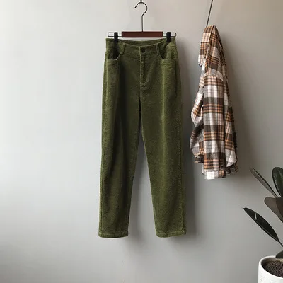 Зеленый Corduroy Pants Women Winter Autumn Thick Casual Trousers High Waist Straight Pant Full Length Harem Pants - Цвет: Зеленый