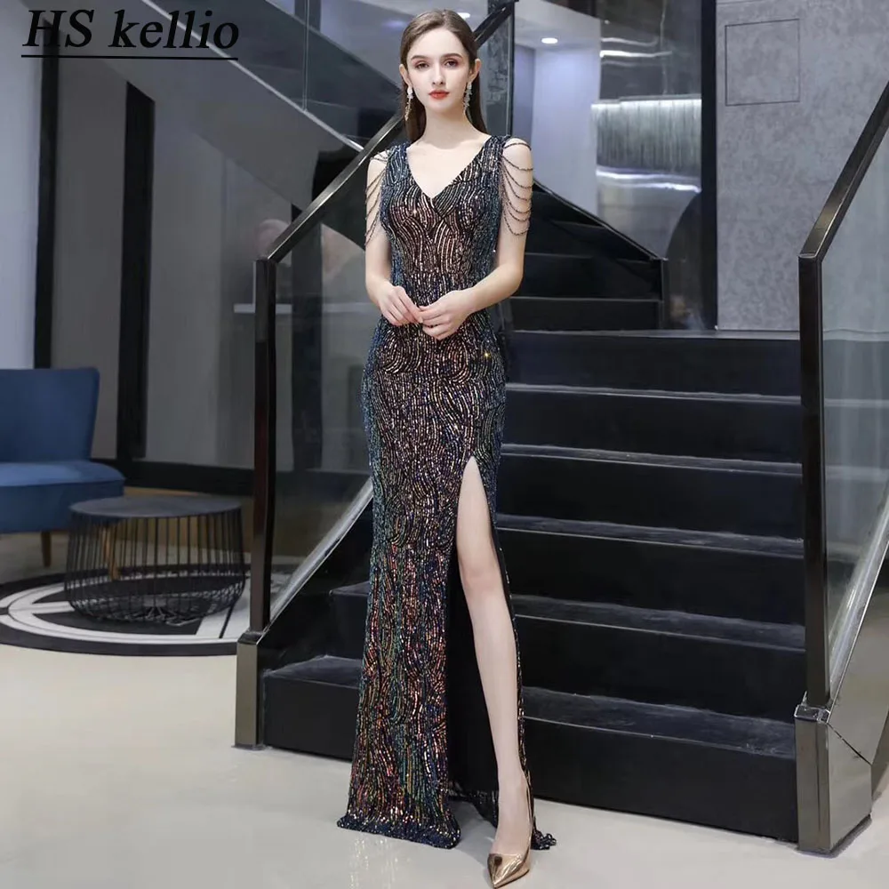 

Celebrity-Dresses Double Vneck Split Sexy Mermaid Women Formal Party Gown Sequined Lace