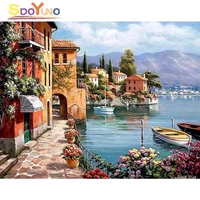sdoyuno painting by numbers sea town coloring landscape paint canvas picture oil painting by number handpainted for adults decor