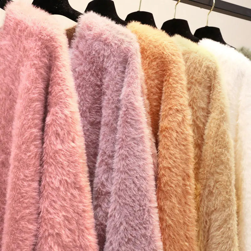 

Faux Mink Cashmere Furry Sweater Women Loose V-Neck Sexy Autumn Winter Pullover Women Sweaters Soft Warm Knitted Sweater C5985
