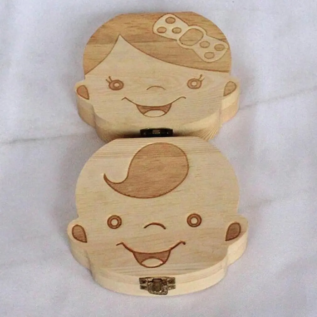 

English Baby Fallen Tooth Box Wood Box FrenchText Baby Boy Girl Wood Case Save Milk Teeth Collection Organizer New Sale