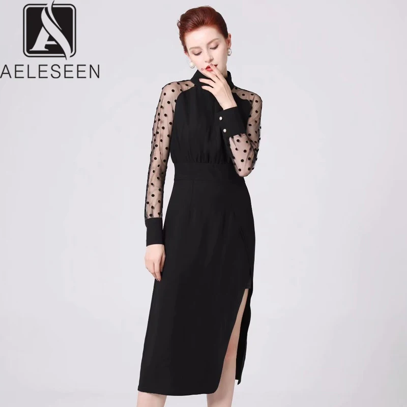 AELESEEN 2020 Новое дизайнерское офисное женское ТРАПЕЦИЕВИДНОЕ платье в горошек с