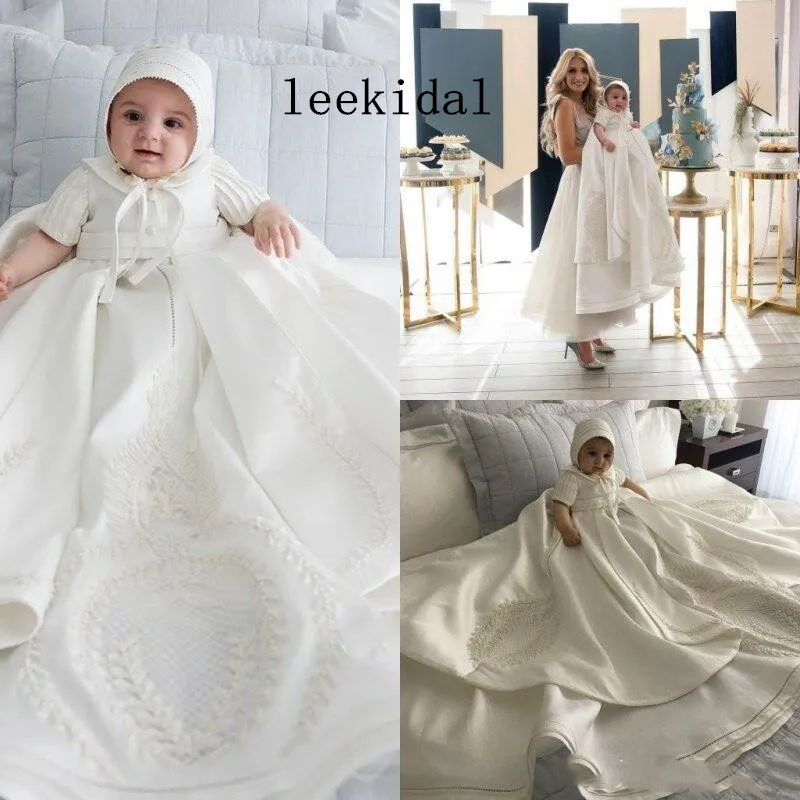 

New Toddler Baby Baptism Dresses Christening Gowns Satin First Communion With Bonnet First Communication Dress Custom
