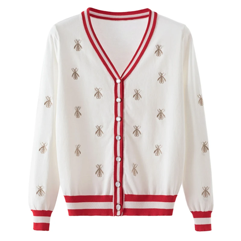 Женский трикотажный кардиган с вышивкой пчелы длинный рукав v-образный вырез