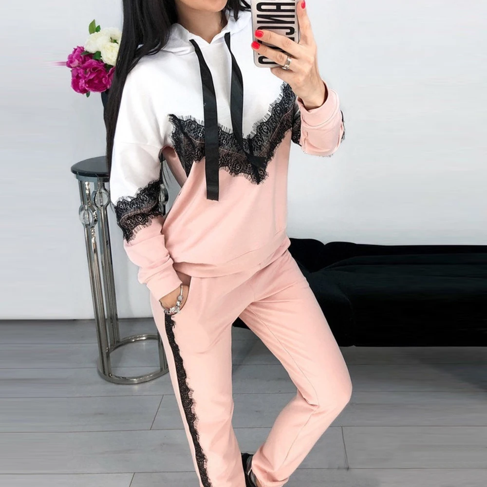 2 шт. спортивный костюм для женщин 2019 Осень Новый розовый с капюшоном Толстовка