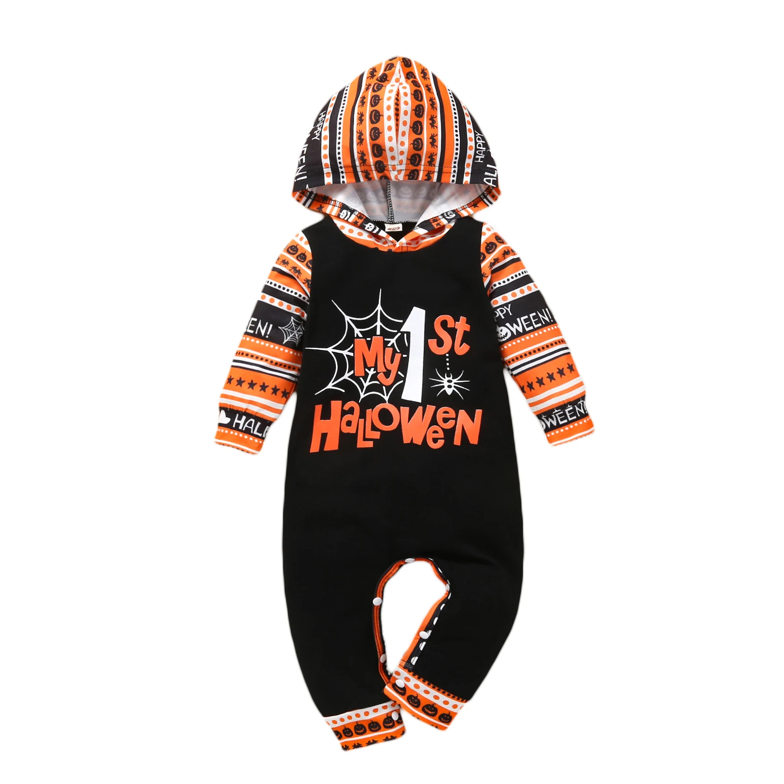 

Newborn Baby Hooded Jumpsuit My First Halloween Letter Pumpkin Print Celebrate Holiday Kids Clothes Baby Romper 0-18M Autumn