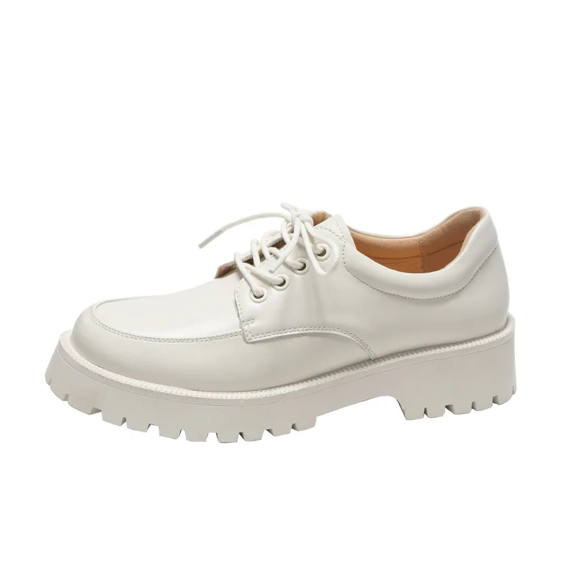 

Women Shoes Genuine Leather New Spring British style White Women's loafers Round Toe Casual Platform Shoes Women 30