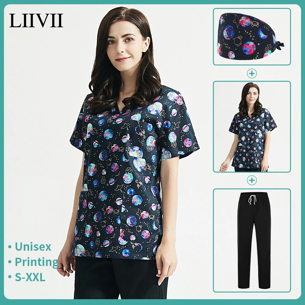 

High Quality Experimenter Scrubs Tops Unisex Print Pet Grooming Institutions Uniform Beauty Salon Work Clothes V-Neck Scrub Tops