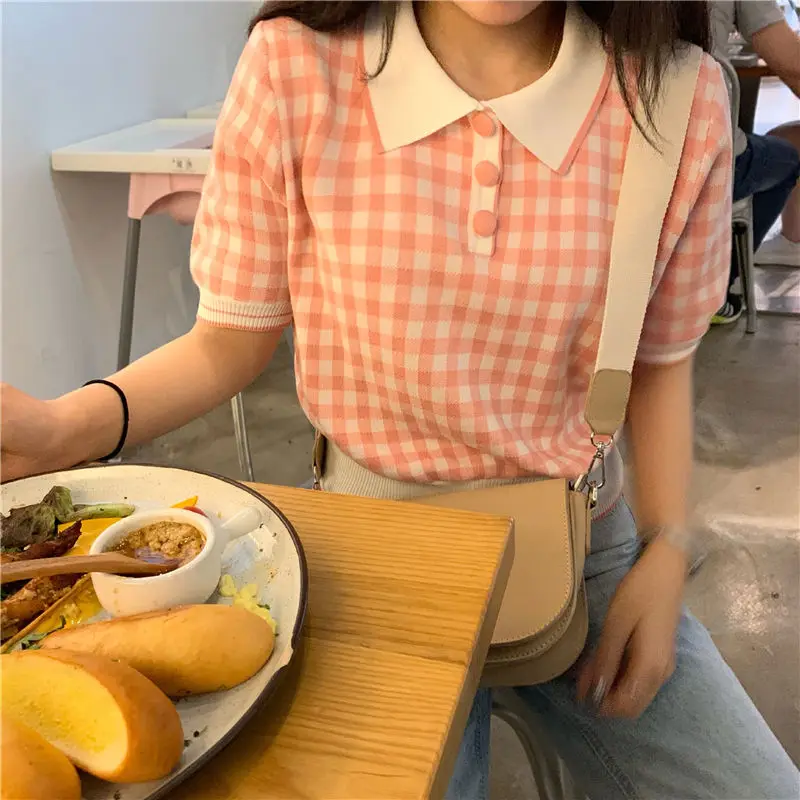 

2020 Autumn Vintage Sweet Women Pulllovers Korean Short Sleeve Plaid Sweater Preppy Style Turn-Down Collar Knitted Sueter Mujer