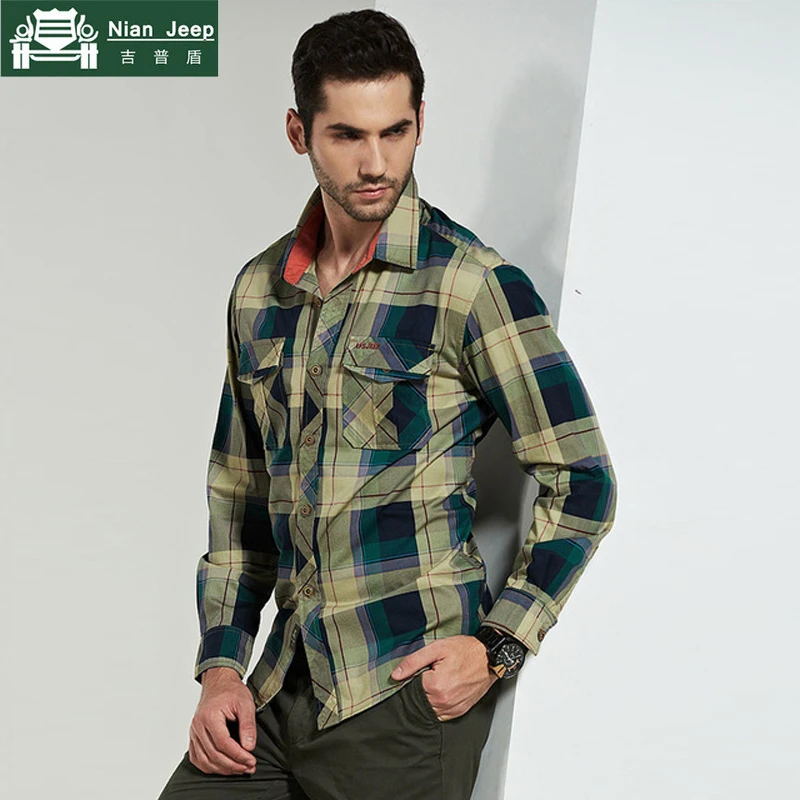 Мужская рубашка в клетку Повседневная стиле милитари 2020 хлопок с длинным рукавом