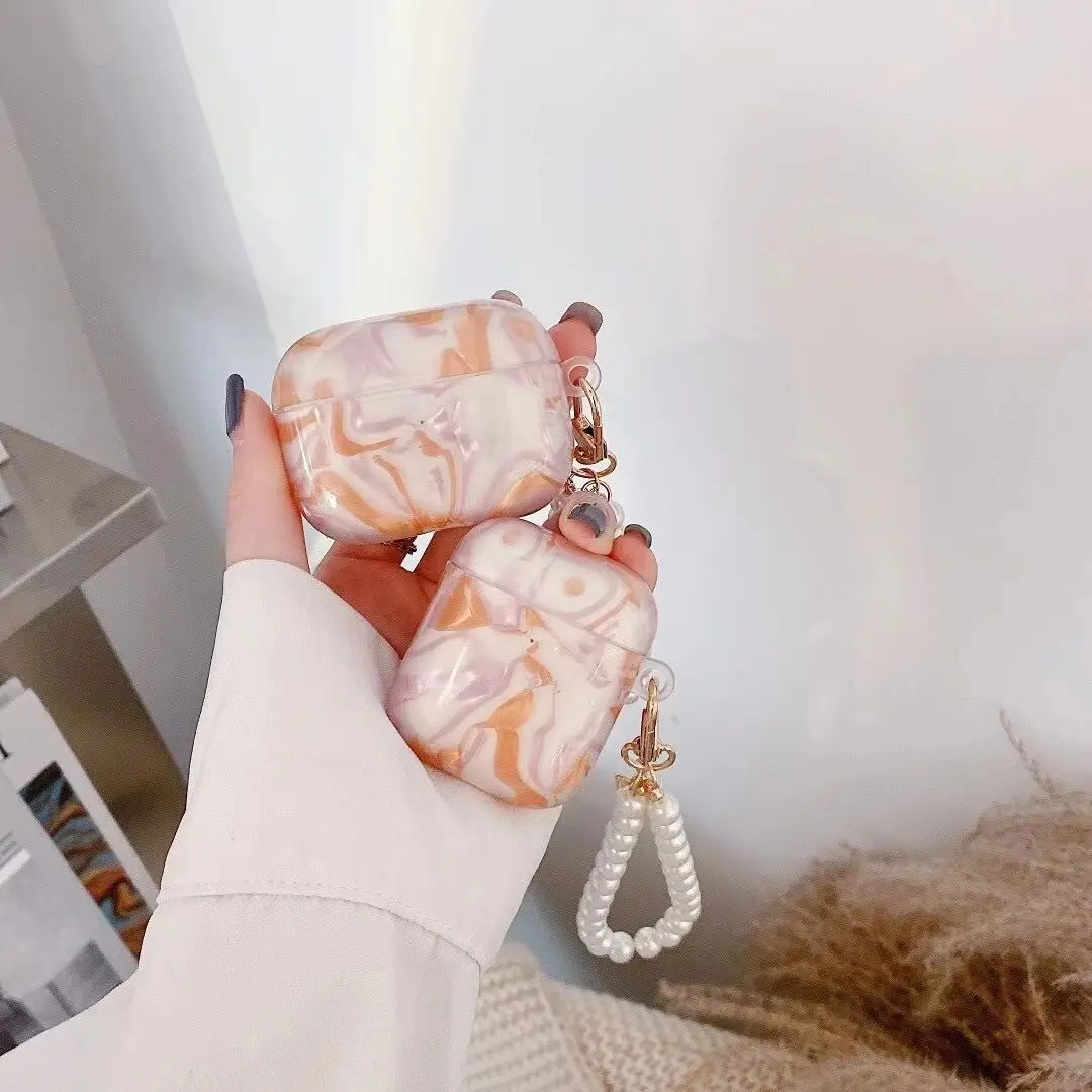 

For AirPods Case Luxury Marble Shell Conch Earphone Case For AirPods 2 3 AirPods Pro Soft Headphone Cover with Pearl Lanyard