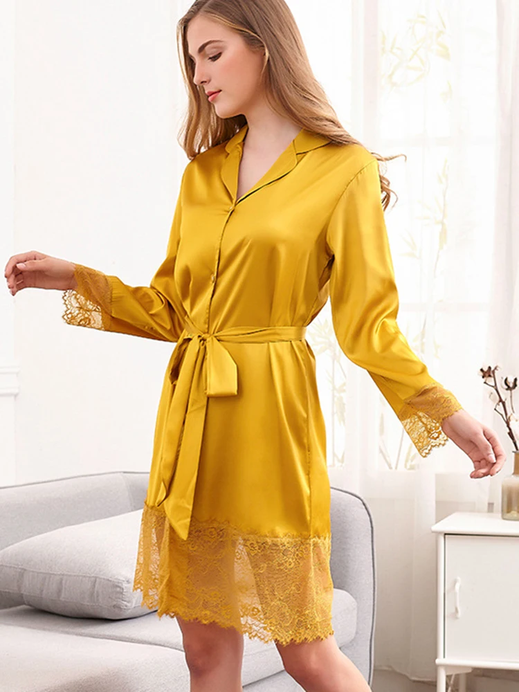 Атласная Ночная рубашка с длинным рукавом для отдыха весна-осень пижамы