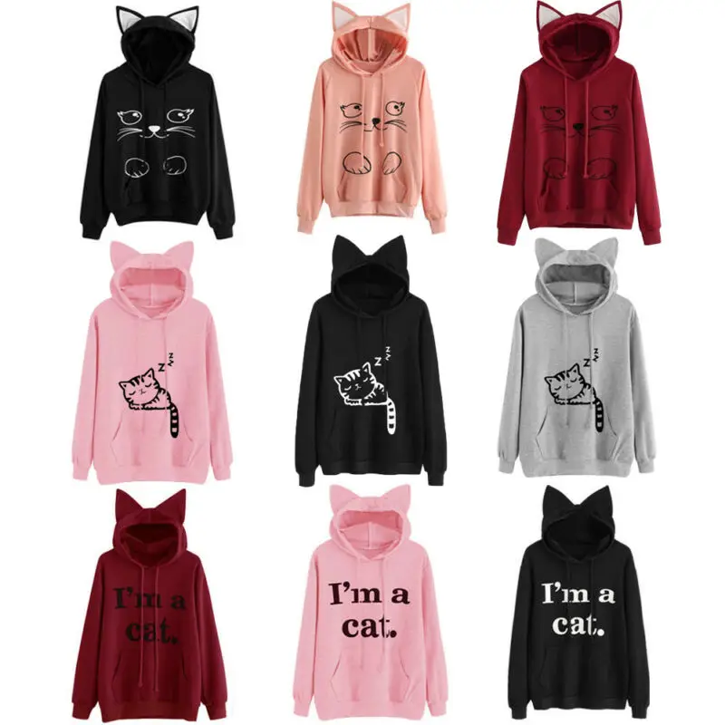 

I'm a Cat Women Cat Ear Long Sleeve Hoodie Sweatshirt Pullover Blouse Coat Tops