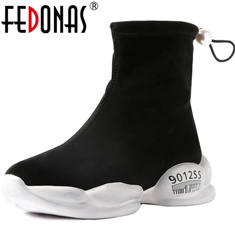 Женские кроссовки из флока FEDONAS черные эластичные на плоской платформе