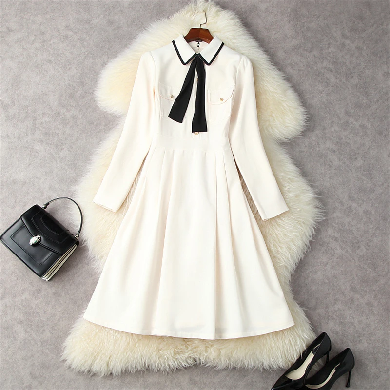 

Elegant Color Block Bow Tie Simple Dress for Women Autumn Fashion Runway Vestidos Full Sleeve Solid Aline Casual Office Robe