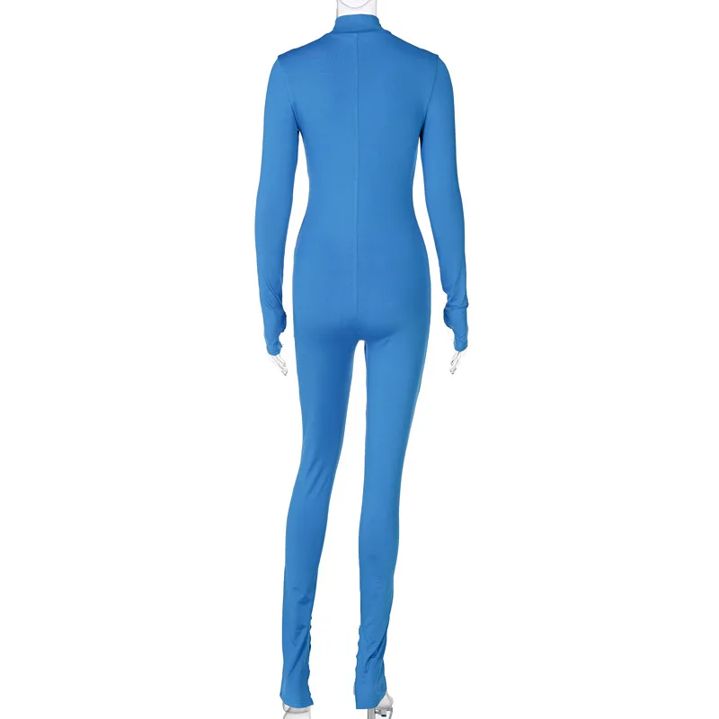 

Echoine Letter Print Zipper V-neck Jumpsuit Blue Long Sleeve Autumn Playsuit Sexy Fitness Flare Pants Bosysuit Workout Sportwear