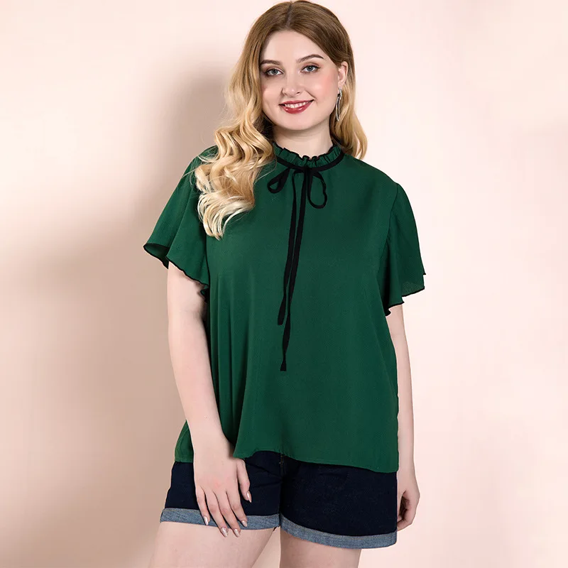 

Women's Short Sleeve Blouse Woman Plus Size Casual Tops for Women Summer 2021 Green Top Aesthetic Butterfly Sleeve Lace Collar