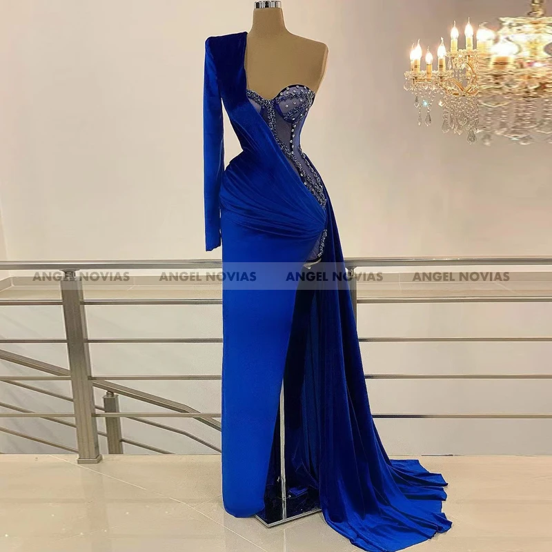 

ANGEL NOVIAS Long Mermaid Arabic Royal Blue Evening Dress 2021 One Shoulder Abiye Elbiseleri Vestido De Fiesta De Boda