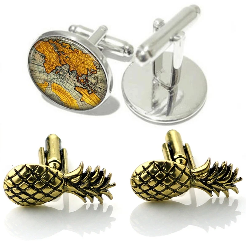 1 Pair Silver Vintage Round Men Cufflinks Old World Navigation Map &amp Fruit Pineapple Cuff Links Golden Luxury Metal Cuffl | Инструменты