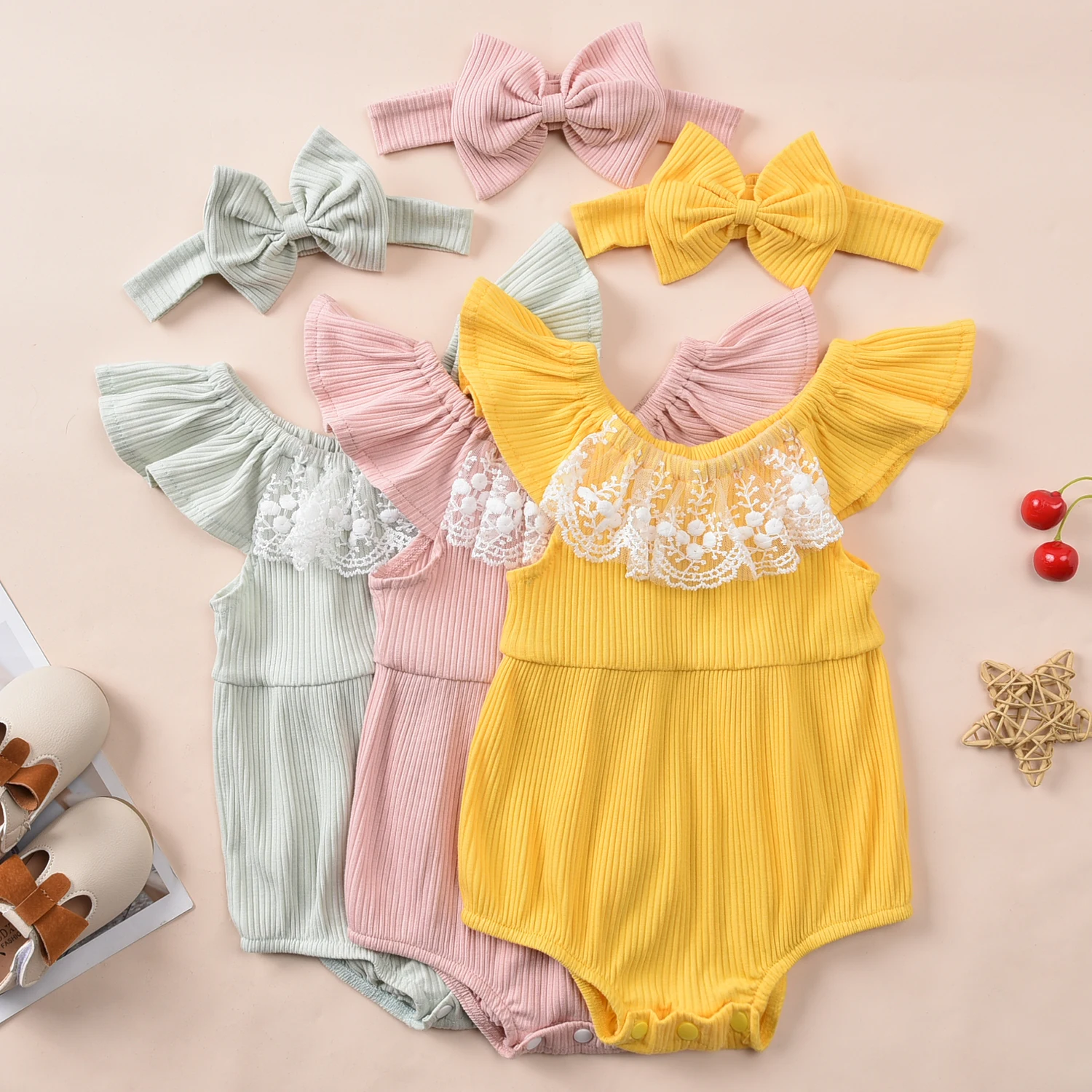 

0-12M Newborn Baby Girl Sweet Playsuit+Headband Summer Flower Lace Ruffle Off Shoulder Solid Color Romper 2pcs Outfit