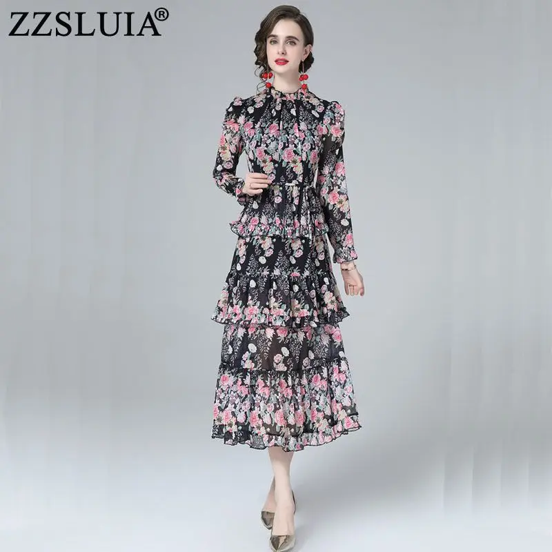 

Vintage Long Dresses For Women Ruffles Collar Puff Sleeve Flower Printed Layer Ruffles Slim Elegant Dress Fashion Female Clothes