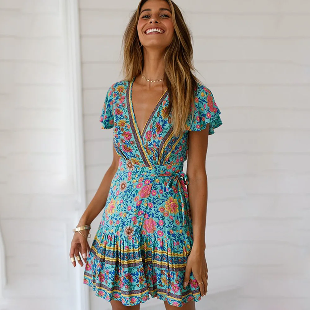 Летнее мини платье в стиле бохо с цветочным принтом для женщин 2020 модное