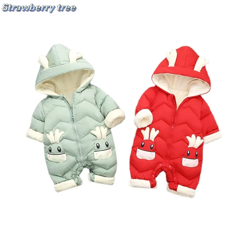 

Newborn Baby Girls Boys Hooded Cartoon Jumpsuit Fleece Thick Deer Printed Children Romper Clothes Warm Winter Kids Jumpsuits