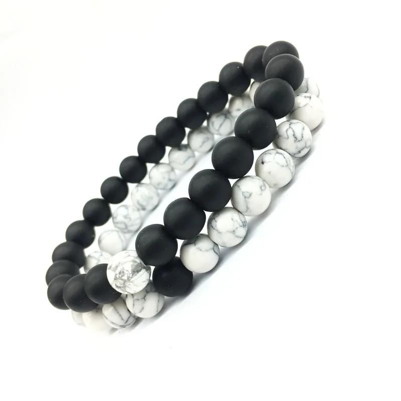 Браслет с бусинами из натурального камня Черно белый эластичный набор для пары