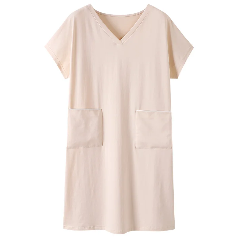 Solid Color Nightdress Women's Summer V-neck Short Sleeve Cotton Mid Length Nightdress Loose Women's All Cotton Home Wear