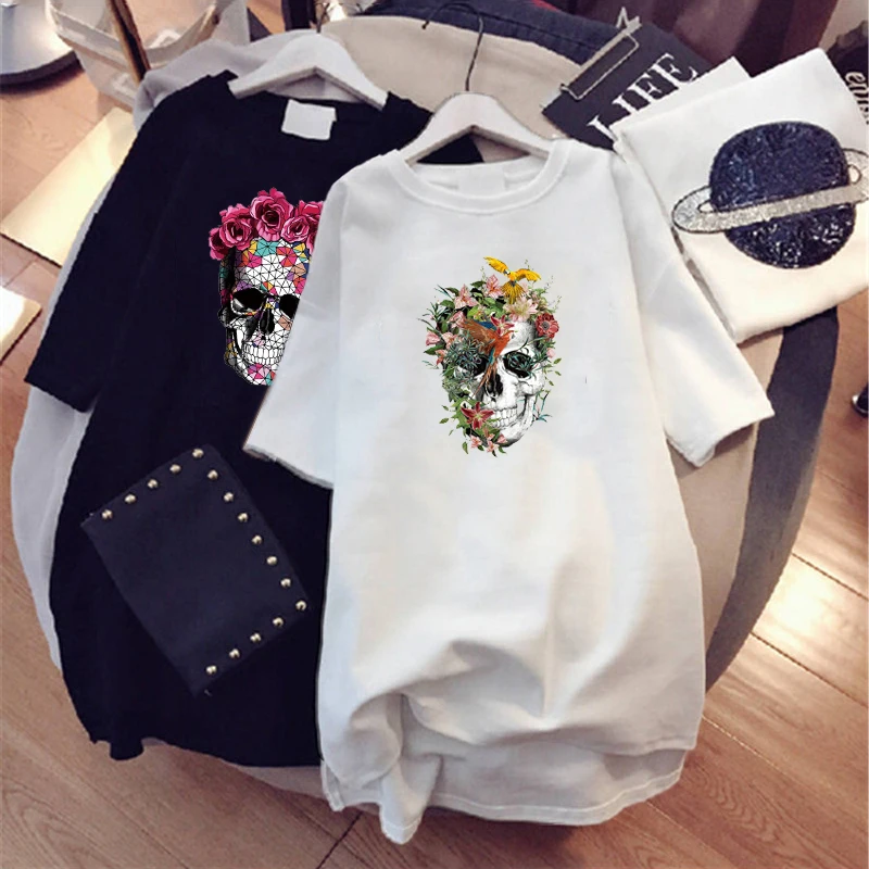 Летняя футболка для девочек платье на Хэллоуин с цветочным принтом череп
