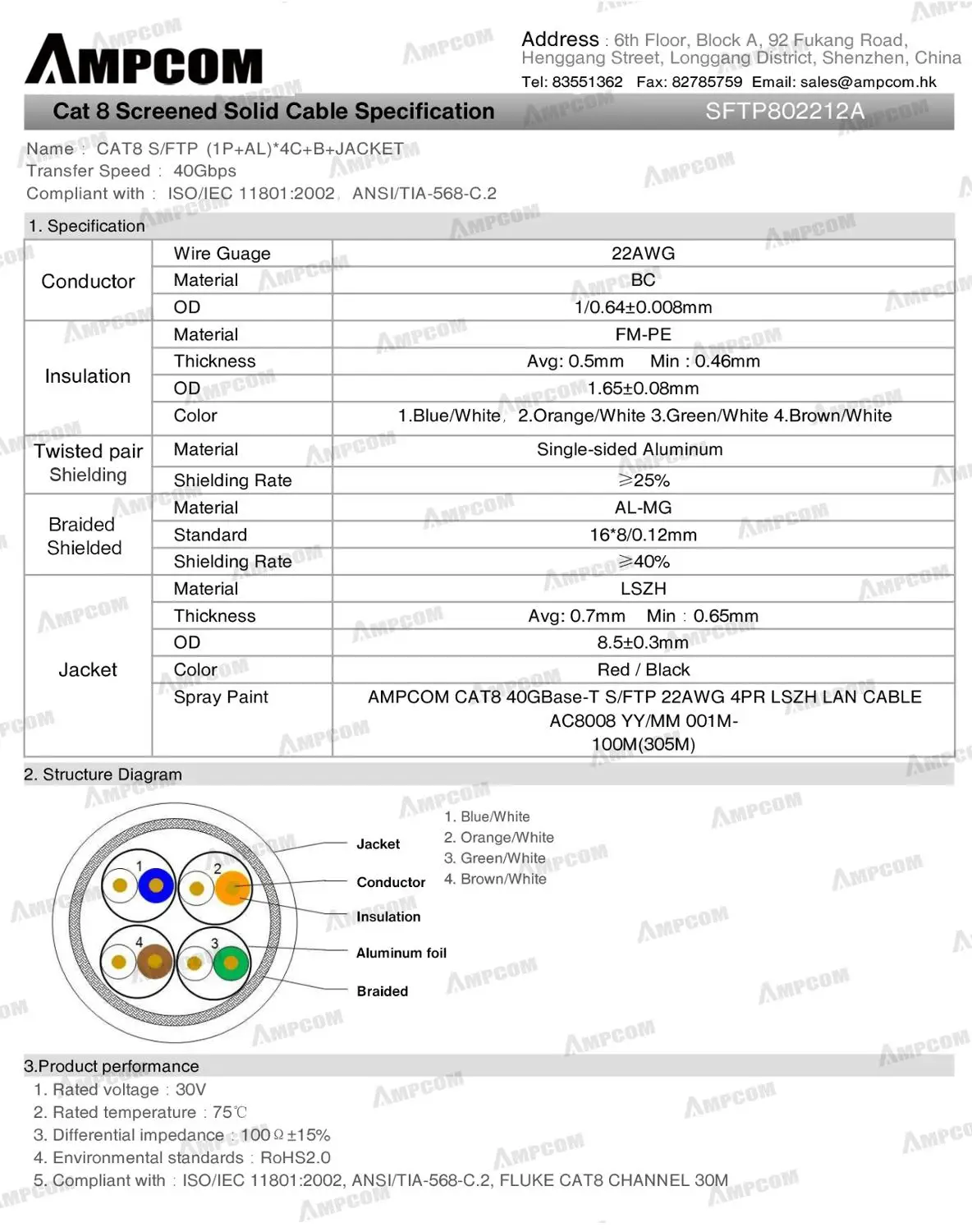 AMPCOM Network RJ45 Ethernet Cable Computer 10gbps Cat8 Cat7 Cat6A Cable Pre-terminated Patch Cord-Support custom length