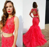 watermelon red 2 pieces prom dresses backless crystals lace ruffles tulle long mermaid evening party gowns plus size customize