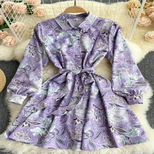 

Women's 2021 Long Lantern Sleeve Mini Shirt Dress Summer Autumn Floral Printed Holiday Streetwear Dress Ladies Office Vestidos