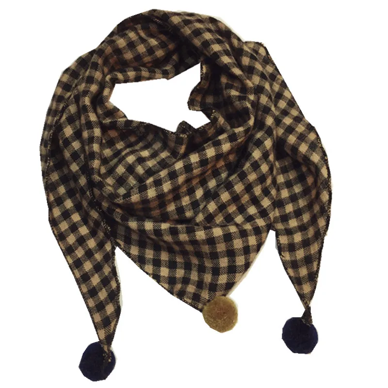 black khaki grid Осенне-зимний детский шарф из хлопка и льна, модный детский треугольный шарф с рисунком льва для девочек, детский шейный платок, шаль для мальчиков и девочек - Цвет: black khaki grid