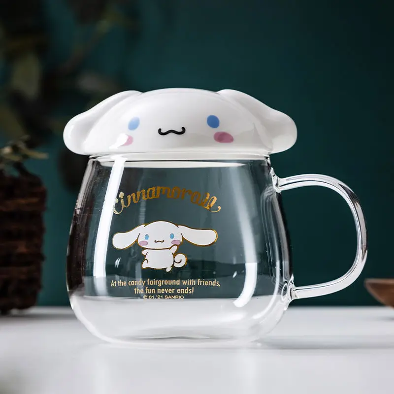 

Kawaii Cinnamorol Kitty Cartoon Glass Drinking Cup With Lid Spoon Cute Transparent Milk Tea Home Milk Cup Warter Cap Girl Gift