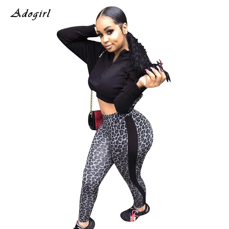 Женский спортивный костюм с леопардовым принтом на молнии сексуальный