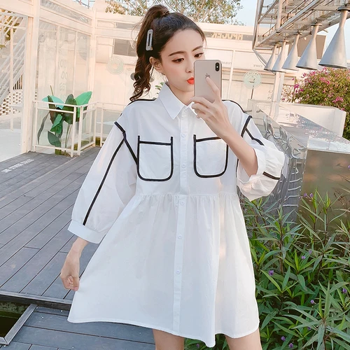 Шикарное платье рубашка 2019 осень Питер Пэн воротник пэчворк Повседневный с