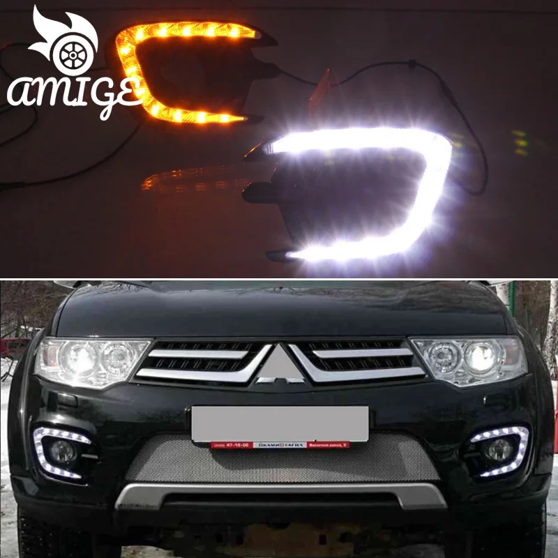 

DNO LED Daytime Running Headlamps For Mitsubishi Montero Pajero Sport 2013 2014 Daylights Yellow Turn Signal DRL Car Foglamps