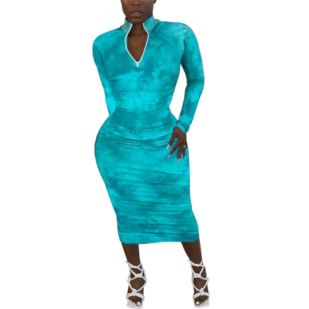 

Fall 2020 new fashion tie dye print dress casual slim fit V-Neck long sleeve women's top mid long skirt