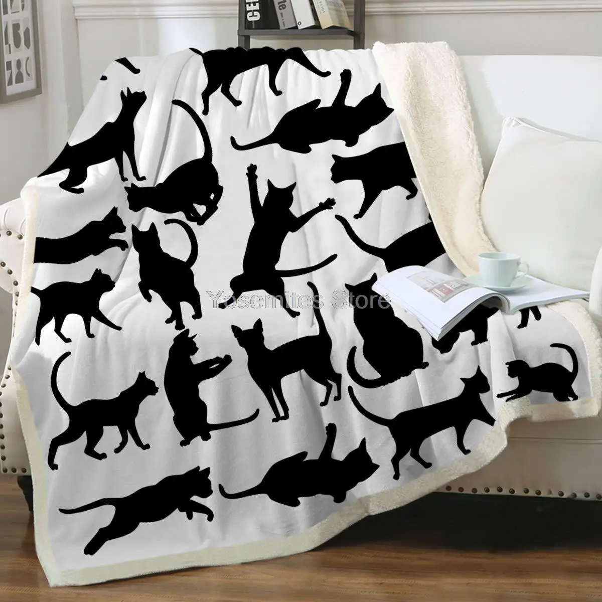 

Cartoon Cat Sherpa Plush Blanket, Cute Black Cats Pattern Printed, Teen Girl Fleece Throw, Funny Bedspreads with Anima