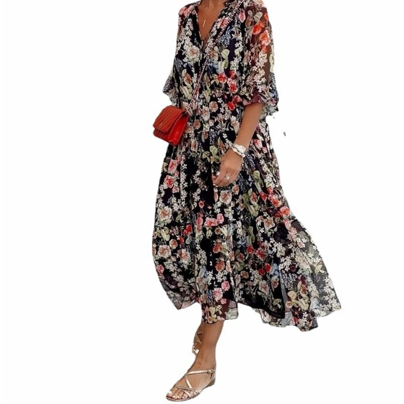 

WEPBEL Loose V-neck Dress Women's Fashion Short Sleeve Floral Print Dress Summer Fashion Lace-up Dress